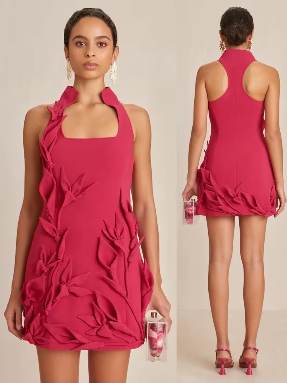 Cult Gaia Ela Textured Crepe High Collar Mini Dress Magenta Pink NEW with tag